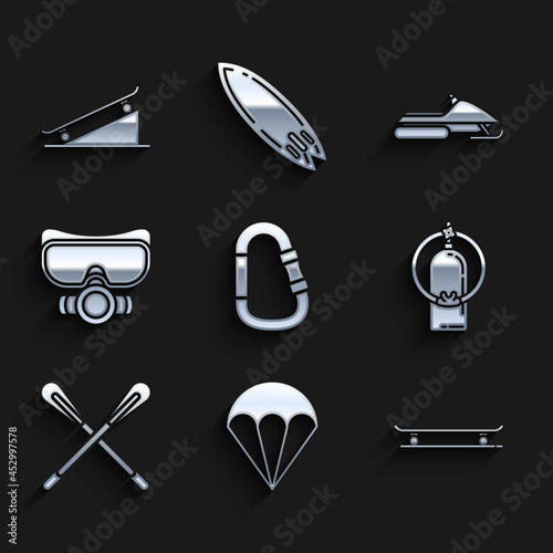 Set Carabiner, Parachute, Skateboard, Aqualung, Crossed paddle, Diving mask, Snowmobile and on street ramp icon. Vector