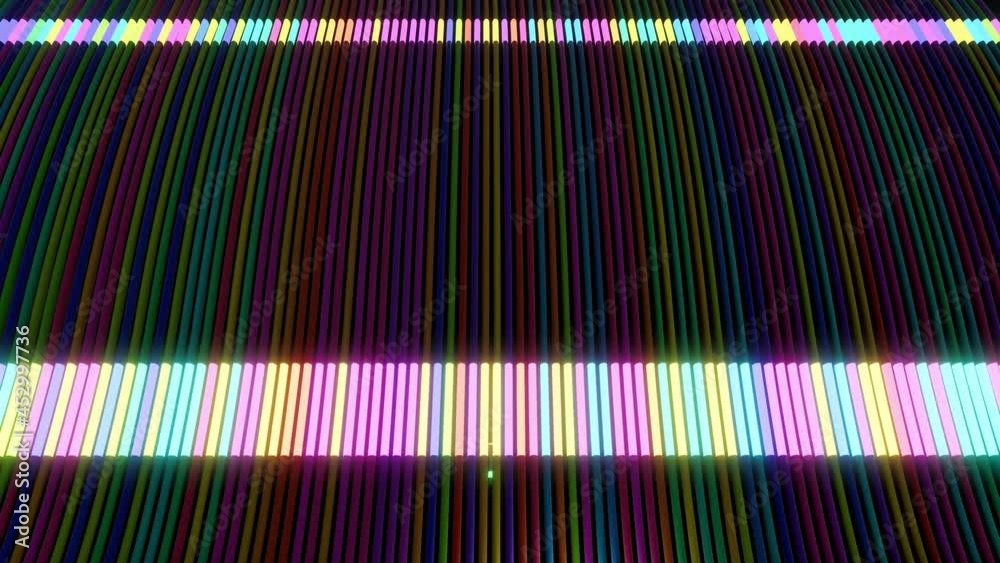 abstract looped 4k dark background with running neon lights on multi colored tubes. Bg for show or events, exhibitions, festivals or concerts, music videos, VJ loop for night clubs.