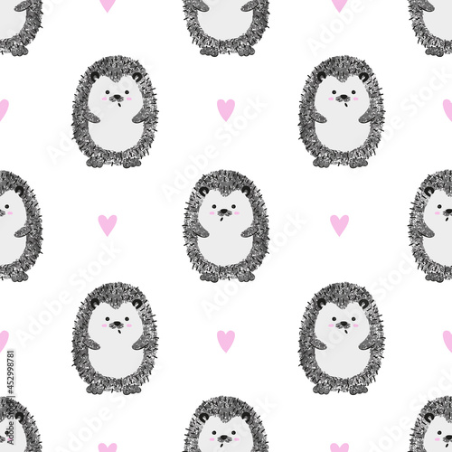 Seamless pattern with cute watercolor hedgehogs and hearts. Vector illustration for kids.
