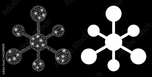 Glossy mesh vector linked hub with glare effect. White mesh, light spots on a black background with linked hub icon. Mesh and glare elements are placed on different layers.