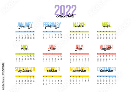Year 2022 calendar horizontal vector design template, simple and clean design. Calendar for 2022 on White Background for organization and business. Week Starts Summer