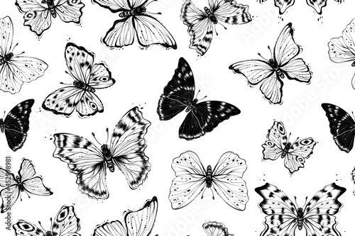 Seamless pattern of butterflies  monochrome vector illustration