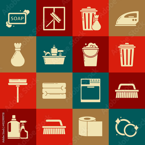 Set Washing dishes, Brush for cleaning, Trash can, and garbage bag, Plastic bottles liquid dishwashing liquid, Garbage, Bar of soap with foam and Bucket bubbles icon. Vector