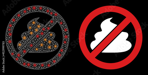Bright mesh vector no shit with glow effect. White mesh, glare spots on a black background with no shit icon. Mesh and glare elements are placed on different layers.
