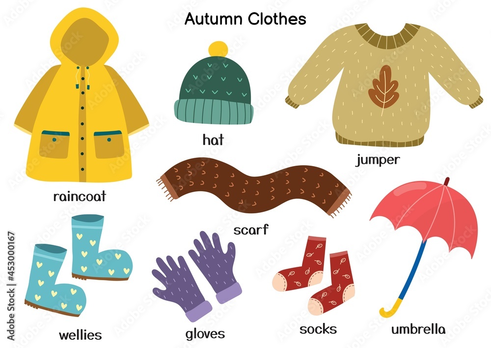 Vetor do Stock: Autumn clothes set with raincoat, jumper, hat, wellies. Fall  season outfit collection in cartoon stye. Vector illustration