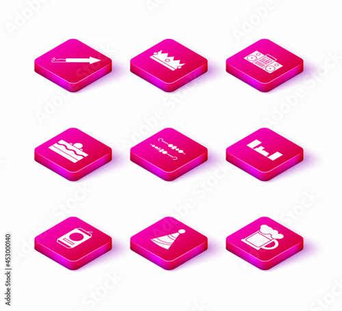 Set Beer can, Party hat, Cake, Grilled shish kebab, Wooden beer mug, Home stereo with two speakers, and Crown icon. Vector