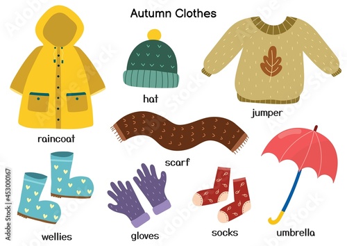 Autumn clothes set with raincoat, jumper, hat, wellies. Fall season outfit collection in cartoon stye. Vector illustration