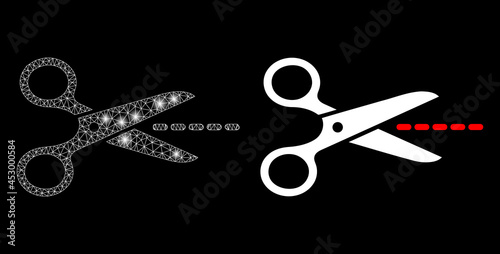 Magic mesh vector scissors line with glare effect. White mesh, glare spots on a black background with scissors line icon. Mesh and glare elements are placed on different layers.