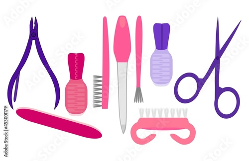 Manicure, tools for hand and nail care, scissors, tweezers, files, brushes, brushes, varnish, color illustrations on a white background