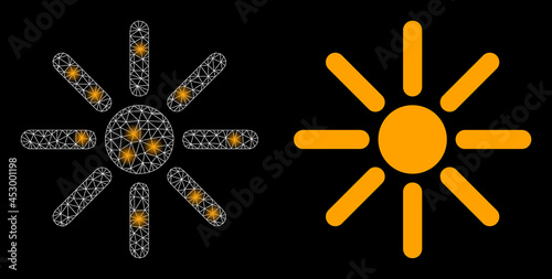 Magic mesh vector sunshine with glare effect. White mesh, flash spots on a black background with sunshine icon. Mesh and glare elements are placed on different layers.