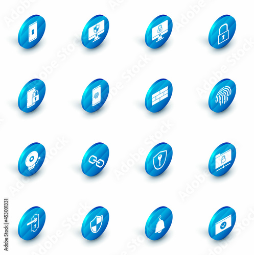 Set Computer monitor and shield, Lock computer screen, Smartphone with closed padlock, Ringing alarm bell, fingerprint scanner, Fingerprint and Bricks icon. Vector