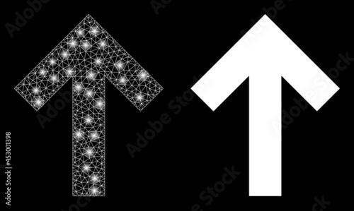 Bright mesh vector up direction arrow with glare effect. White mesh  light spots on a black background with up direction arrow icon. Mesh and glare elements are placed on different layers.