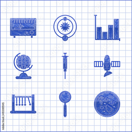 Set Syringe, Magnifying glass, Bacteria, Satellite, Pendulum, Earth globe, Pie chart infographic and Electrical measuring instruments icon. Vector