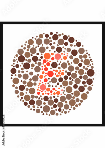 Vector graphic of Ishihara color test or Color blind test design. The Letter E cunningly hid inside an Ishihara inspired design. A color blindness test shaped color test plate with the Letter E.