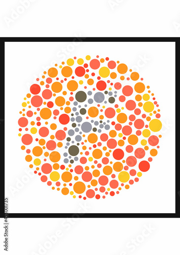 Vector graphic of Ishihara color test or Color blind test design. The Letter F cunningly hid inside an Ishihara inspired design. A color blindness test shaped color test plate with the Letter F. photo