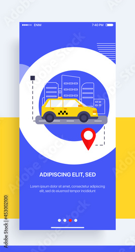 Design of the Mobile Application, UI, UX. GUI Taxi App with Login and Password input, and screens with Taxi Orders and Car Navigation in the City. GUI from set №1