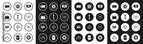 Set Monitor display with 5k video, Gamepad, Laptop, RAM, random access memory, Virtual reality, Computer cooler, Ar, augmented and icon. Vector