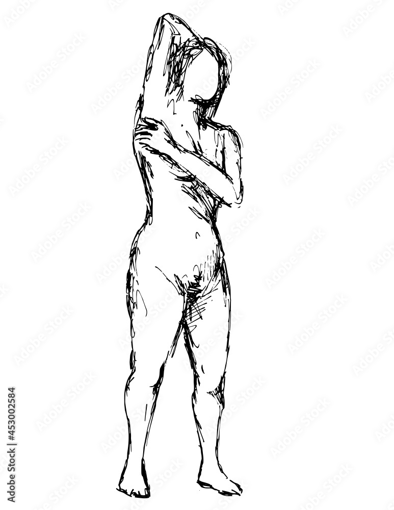 Doodle art illustration of a nude female human figure posing with hand behind head done in continuous line drawing style in black and white on isolated background. Doodle art illustration of a nude female human figure posing with hand behind head done in continuous line drawing style in black and white on isolated background.