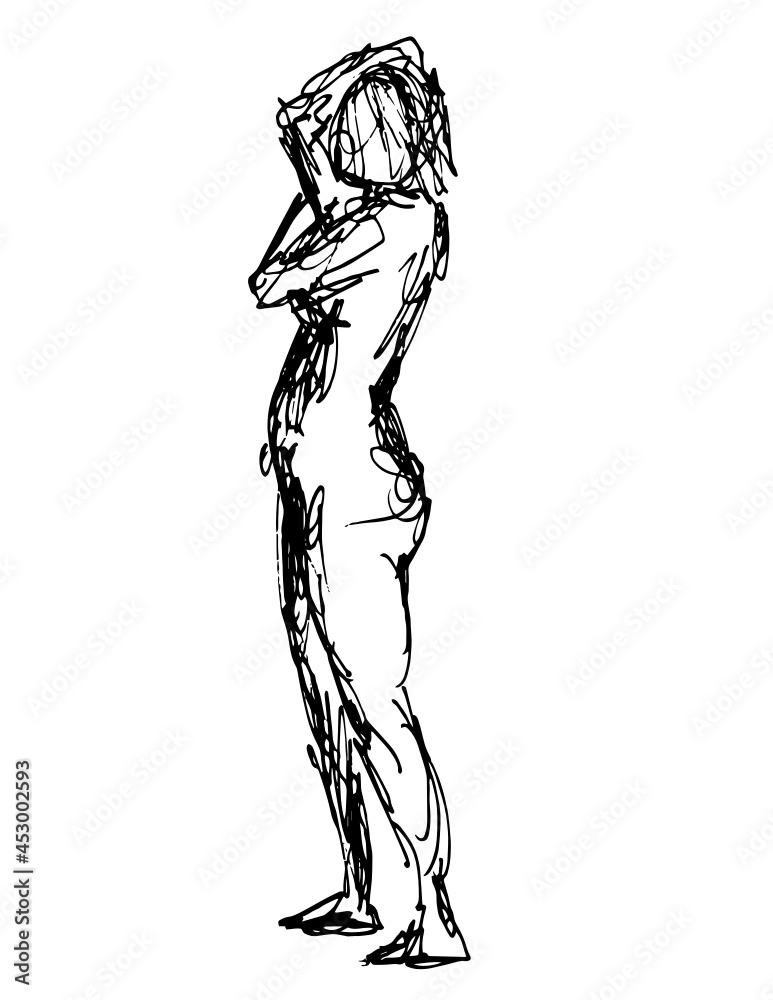 Doodle art illustration of a nude female human figure posing with hand behind head side view in continuous line drawing style in black and white on isolated background. Doodle art illustration of a nude female human figure posing with hand behind head side view in continuous line drawing style in black and white on isolated background.