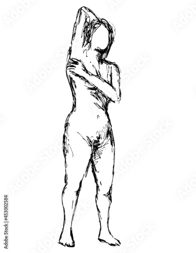 Doodle art illustration of a nude female human figure posing with hand behind head done in continuous line drawing style in black and white on isolated background.