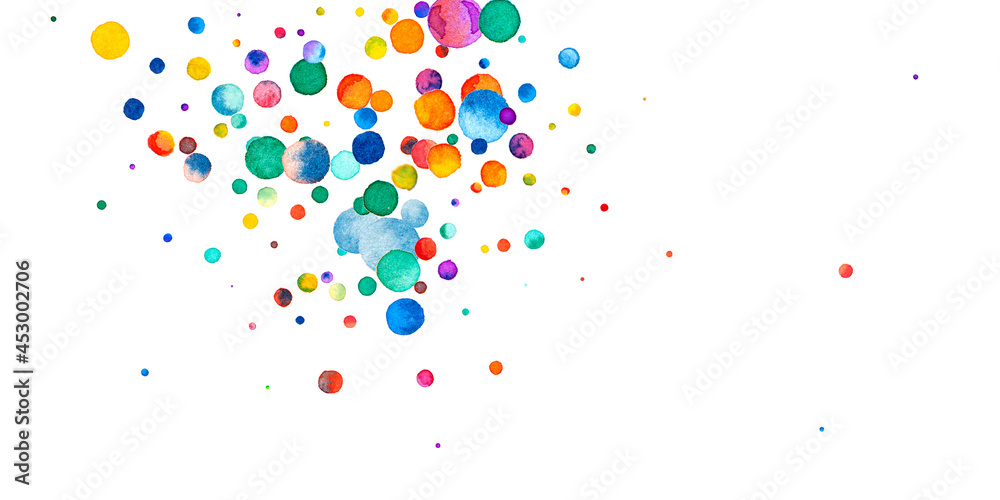 Watercolor confetti on white background. Alive rainbow colored dots. Happy  celebration wide colorful bright card. Extraordinary hand painted confetti. Stock  Illustration