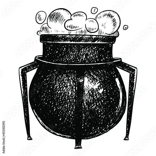 Sketch seething cauldron of magic potion. Hand-drawing a bubbling potion in ink. Detailed vessel of witchcraft.