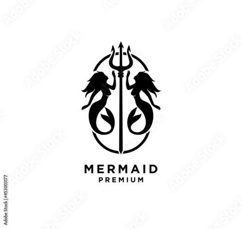 Mermaid with neptune trident logo icon design illustration