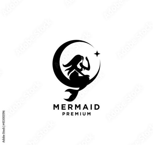 Mermaid with crescent moon and star logo icon design illustration