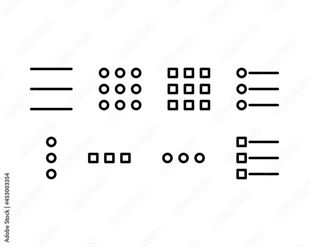 Hamburger menu thin line icons set. Set of 8 icons isolated on white background. Hamburger menu thin line icons set. Set of 8 icons isolated on white background.