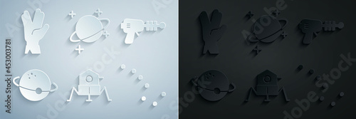 Set Mars rover, Ray gun, Planet, Great Bear constellation, and Vulcan salute icon. Vector