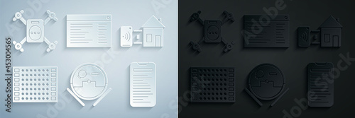 Set Robot vacuum cleaner, Smart home, Printed circuit board PCB, Computer api interface, Software, web developer programming code and Drone flying with action camera icon. Vector