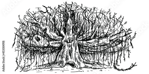 Ominous mystical tree in sketch style on a white background. A frightening willow with dangerous twigs. Element for decoration for Halloween or horror movie evening. Rattlesnake willow