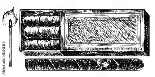 Hand drawing expensive sketch Cuban cigars. A pack of cigars and a match for arson. Beautiful realistic twisted tobacco varieties.