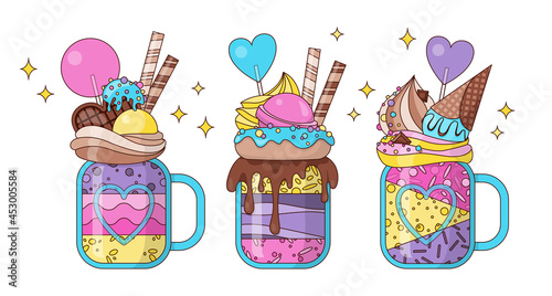 Tree colorful sweet sprinkle deserts. Decorated delicious: ice cream, donuts, lollipops, cream, chocolate, and waffles. Cute sweets in a glassy jar with cute stars. Monster Shake Vector illustration.
