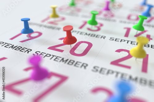 September 20 date and push pin on a calendar, 3D rendering