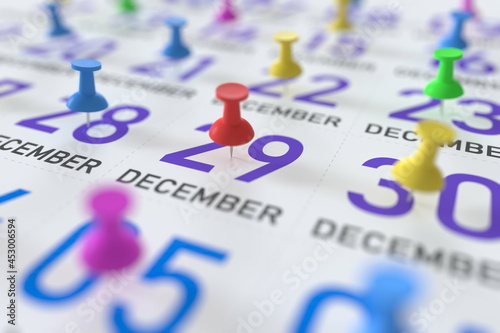 December 29 date and push pin on a calendar, 3D rendering