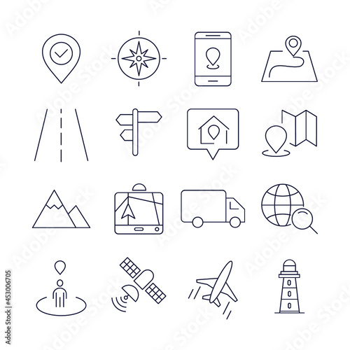 Navigation and location icons set. Navigation and location pack symbol vector elements for infographic web