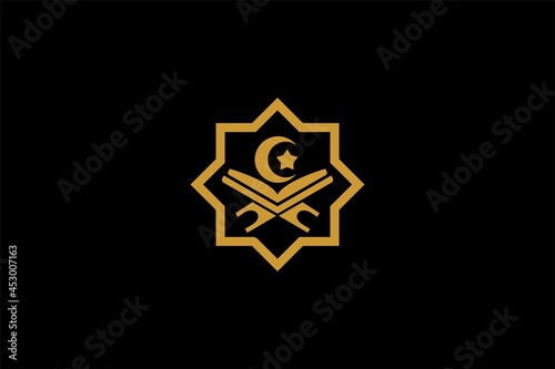 Quran logo design vector. Text of Islam illustration symbol. Arabic ornament vector icon.