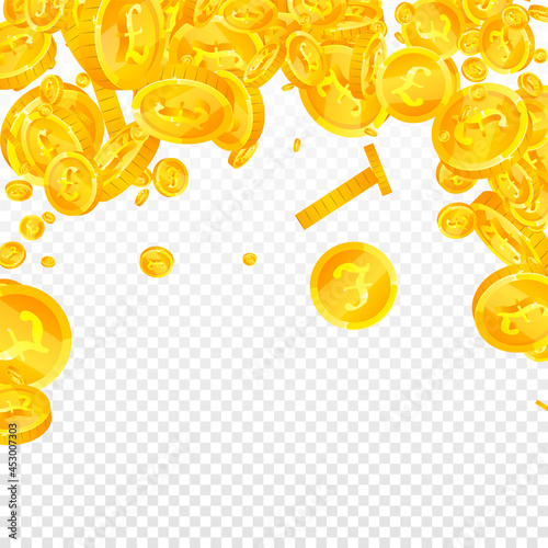 British pound coins falling. Decent scattered GBP coins. United Kingdom money. Curious jackpot, wealth or success concept. Vector illustration.