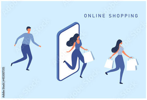 Online shopping concept, people use mobile ordering shopping and holding shopping bags vector illustration. Online shopping , digital payment, delivery technology business concept background