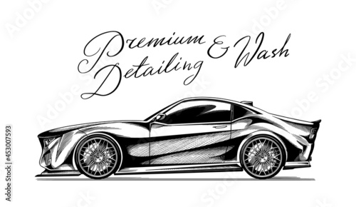 Premium wash. Car in Hatching doodle style. Auto detailing. Vehicle service or Automobile center. Hand drawn sketch line. Vector illustration concept for poster, banner or t-shirt.