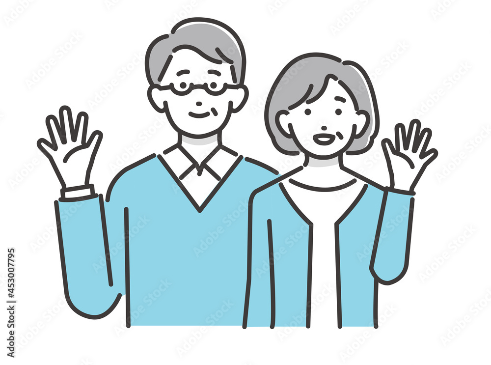 笑顔で手を振るシニア夫婦のベクターイラスト素材/シンプル/シニア/夫婦 笑顔で手を振るシニア夫婦のベクターイラスト素材/シンプル/シニア/夫婦
