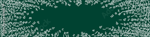 Falling letters of English language. Childish chalk flying words of Latin alphabet. Foreign languages study concept. Actual back to school banner on blackboard background.