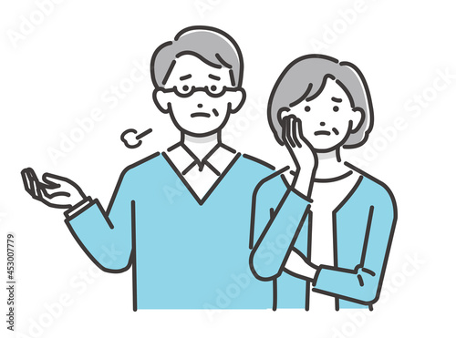 困った顔の手を振るシニア夫婦のベクターイラスト素材／シンプル／シニア／夫婦