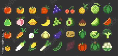 Pixel art vector game fruits and vegetables icon set (color)