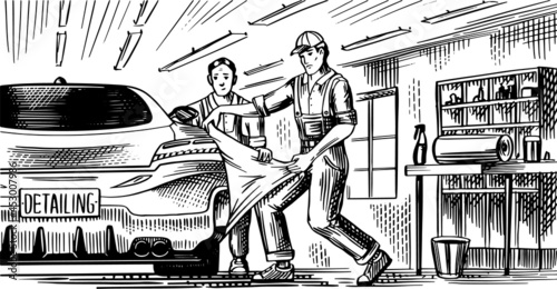 Auto service or Automobile center. Repair Garage. Fixing Car Engine. Vehicle detailing and tuning. Mechanics and technicians. Wrapping Specialist Putting Vinyl Foil Film. Hand drawn sketch line.