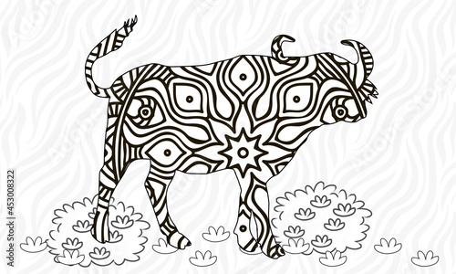 Buffalo. Bull. Coloring Page. Colouring picture. Adult Coloring Book idea. Freehand sketch drawing. Vector illustration.