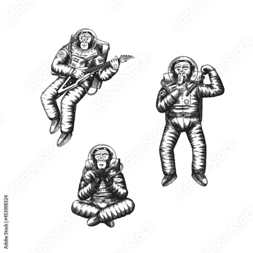 Monkey astronaut monkey takes a selfie, meditates with a guitar. Chimpanzee spaceman cosmonaut characters. Astronomical space. Funny cosmonaut adventure. Hand drawn sketch line. Vector illustration
