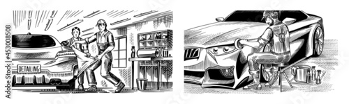 A man polishing the hood of an automobile. Auto detailing. Dry cleaning machine. Wrapping Specialist Putting Vinyl Foil Film. Vehicle service or center. Hand drawn sketch line. Hatching style. 