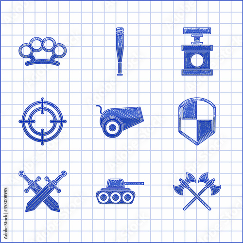 Set Cannon, Military tank, Crossed medieval axes, Shield, sword, Target sport, Handle detonator for dynamite and Brass knuckles icon. Vector
